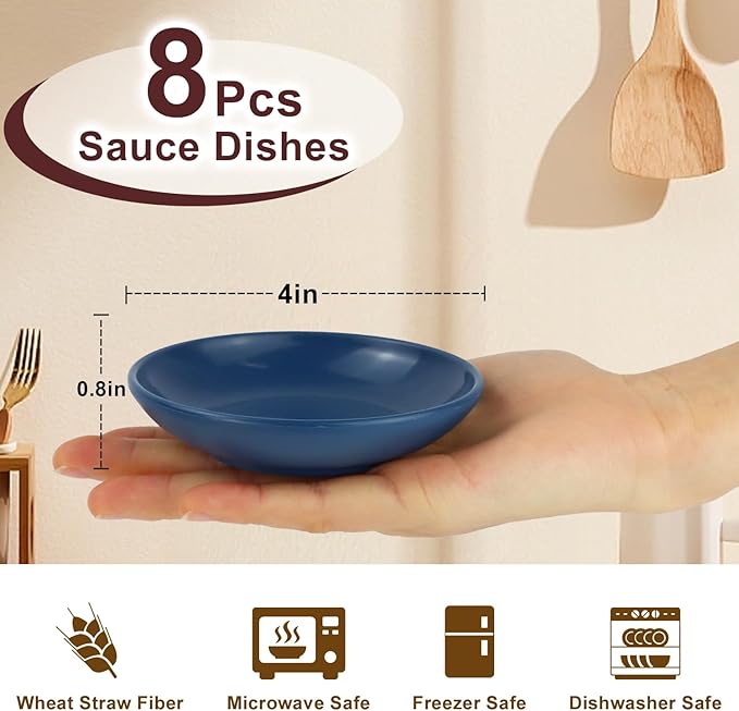 4 Inch Soy Sauce Dishes 8 Pieces, Lightweight and Unbreakable Wheat Straw Plates, Small Sauce Plate, Mini Serving Plates for Side Dishes, Condiment, Appetizer (Multicolor)