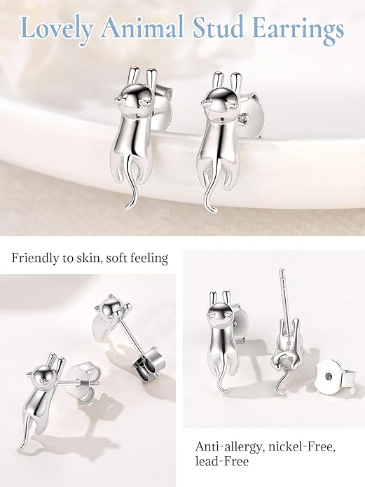 SILVERCUTE Cat Earrings for Women Girls 925 Sterling Silver Hypoallergenic Lovely Animal Stud Earrings Cat Lovers Gift