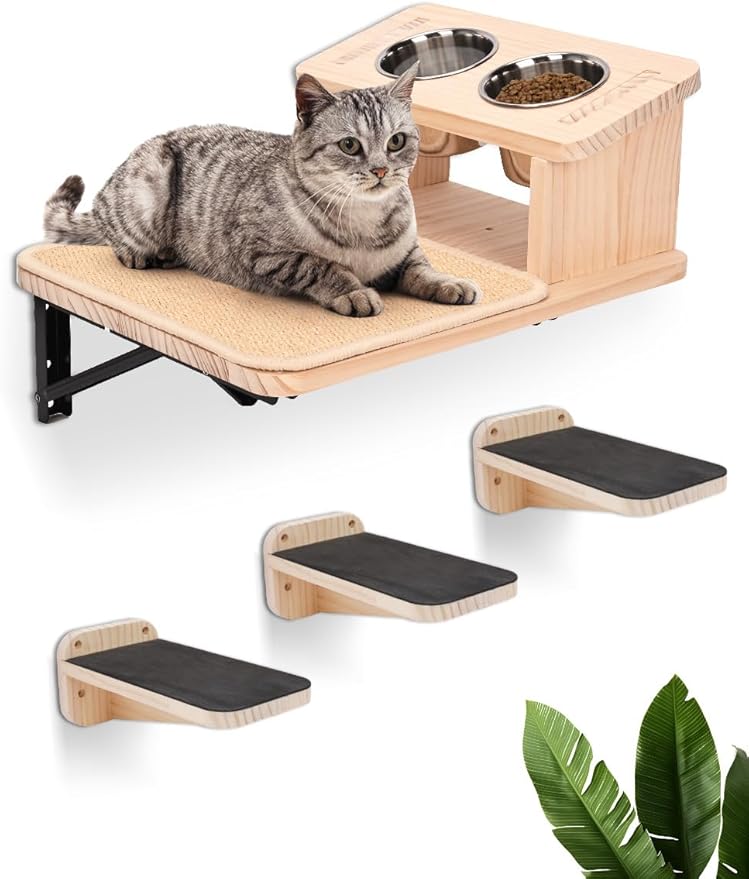 Cat Wall Shelves, Cat Shelves with 3 Cimbing Wall Steps & Cat Feeding Bowls Station, Cat Hammock and Perches for Wall, Cat Wall Furniture Set, Cat Climber Shelves Cat Scratching Post