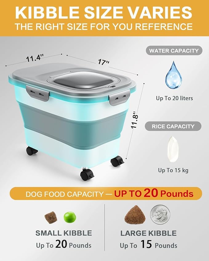 ANVS 20-40lbs Dog Food Storage Container, Collapsible Dog Food Container with Casters, Scoop and Small Container, Keep Dry Food Fresh,Easy to Move, Large Pet food storage for Dog, Cat