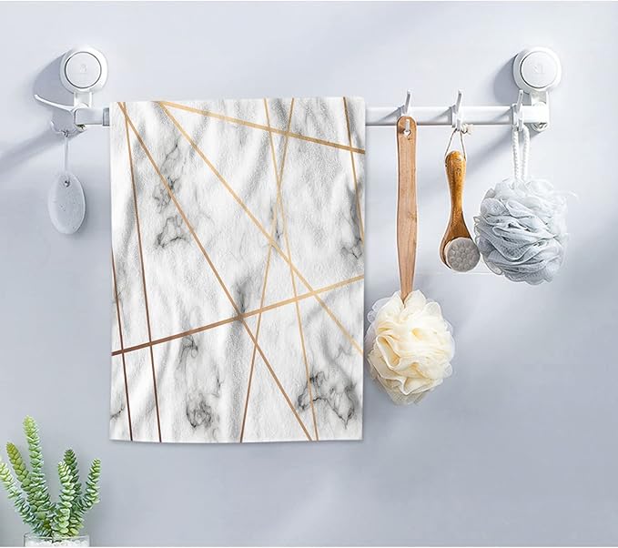 AOYEGO White Gray Marble Towels Golden Geometric Lines Marbling Surface Soft Highly Absorbent Large Hand Towels for Bathroom Hotel Gym and Spa 15x30 Inch