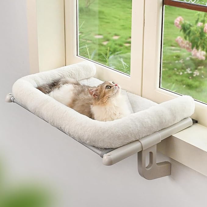 Cat Window Sill Perch with Large Bolster, Easy to Adjust & Assemble Cat Window Seat for Windowsill & Bedside, Cat Hammock Bed for Large Cats and Kittens (White, M)