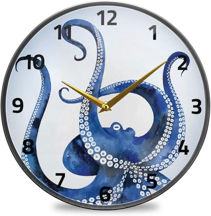 ALAZA Blue Marine Kraken Octopus Wall Clock Battery Operated Silent Non Ticking Clocks for Living Room Decor 12 Inch / 9.5 Inch