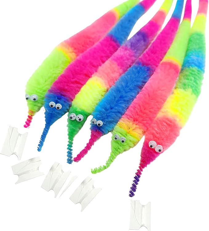 100 Pieces Fuzzy Worm Toys Fluffy Toy Worms Rainbow Worms on String Bulk Trick Toys Carnival Party Favors for Kid Cat