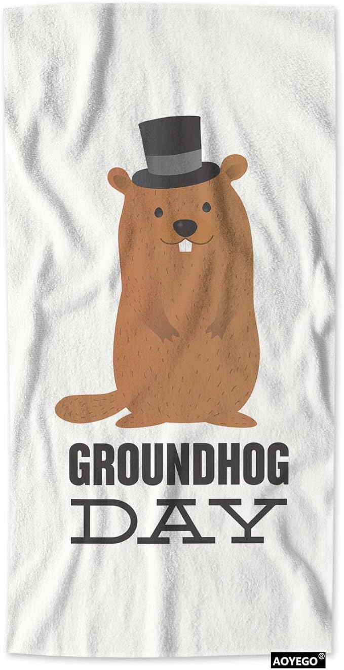 AOYEGO Brown Groundhog Hand Towel Cute Animal with Black Hat Word Happy Groundhog Day Towels Cotton Face Towel Bath Kitchen Decor Set for Women Men Girls Boys 15x30 Inch