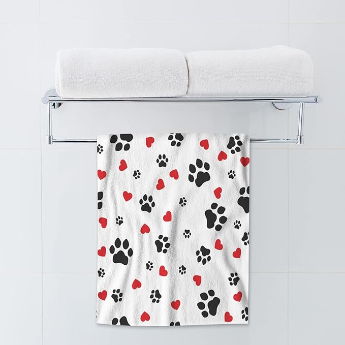 AOYEGO Cute Colorful Paw Print Bath Towels Lovely Puppy Animal Dog Cat Footprint Red Hearts Kitchen Hand Towels Bathroom Decor Soft Beach Microfiber Hair Towels 15x30 Inch