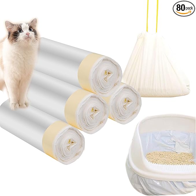 80 Count Cat Drawstring Litter Box Liners 26.6 * 16.7 inches 2 Mils Heavy Duty Leak-proof Cat Poop Bags Extra Durable Pet Cat Litter Box Replacement Waste Bags for Self-Cleaning Litter Box