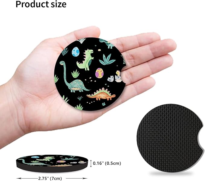 2 Packs Car Coasters for Cup Holders,Keep Cup Holders Clean and Dry,Drink Cup Car Holder Coasters with A Finger Notch,2.75in/7cm,Automotive Cup Holder Cute Dinosaur Graffiti Accessories for Women Men