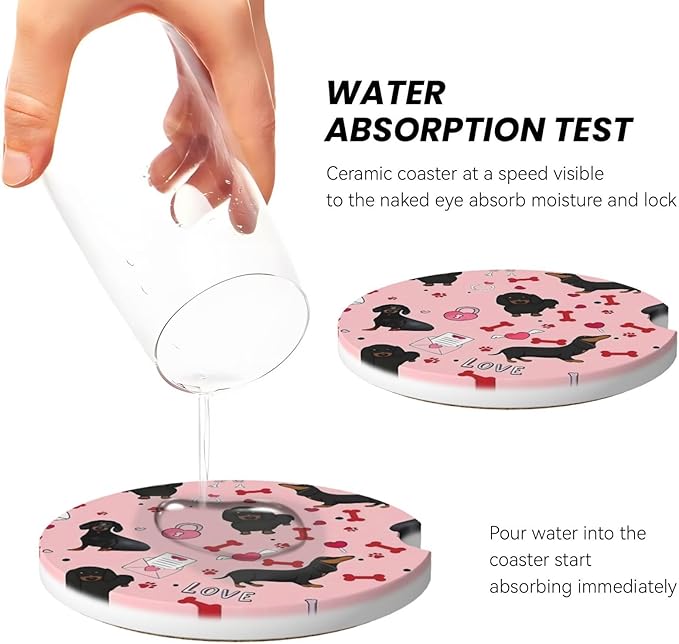 Absorbent Ceramic Car Coasters for Cup Holders, Cute Pink Dachshund Design 2.56" Anti Slip Universal Drink Cup Coasters for Women Men (2 Pack)
