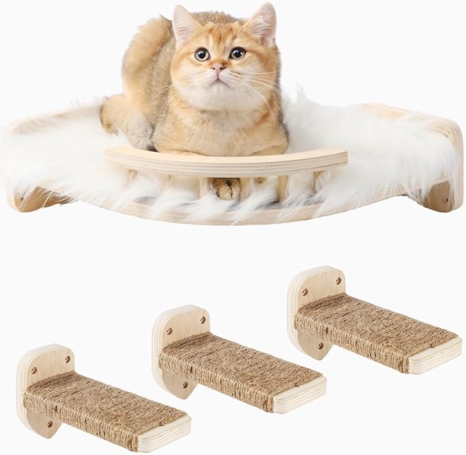 Cat Wall Shelves, Cat Shelves and Perches for Wall, Corner Cat Shelf with 3 Steps Scratch Post, Cat Bed Hammock with Plush Covered, Climbing Shelf for Indoor Cats (Wood)
