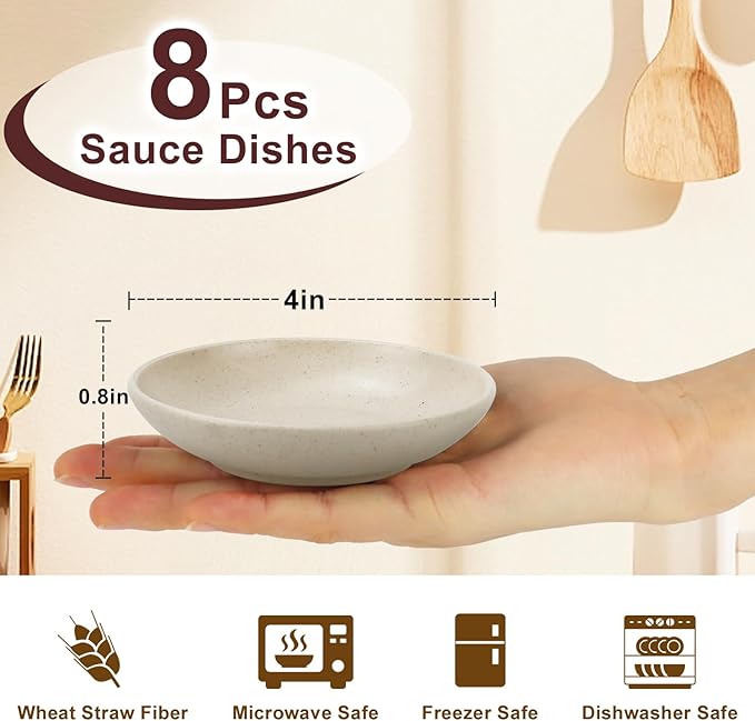 4 Inch Wheat Straw Plates 8 Pieces, Lightweight and Unbreakable Dipping Bowls, Small Soy Sauce Dishes, Small Serving Bowls for Side Dishes, Condiment, Appetizer (Beige)
