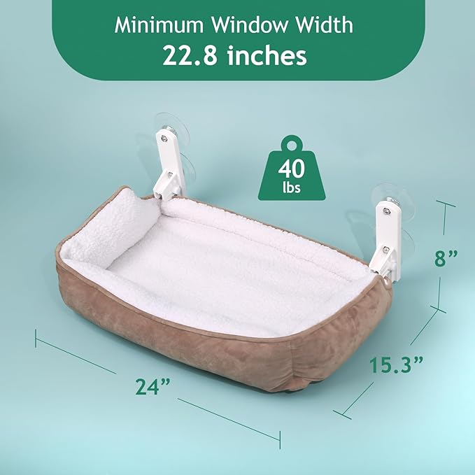 Foldable Cat Hammock for Window with Bolster - Cordless, Three-Side Bolstered Machine Washable Fluffy Bed, Robust Metal Frame - Cat Window Perch for Large Cats and Kittens - Brown/White