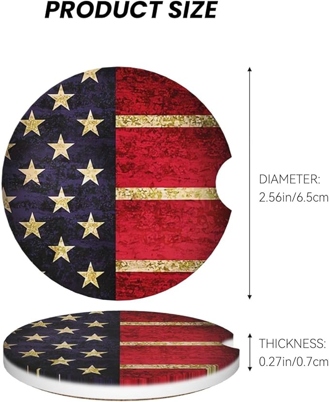 Absorbent Ceramic Car Coasters for Cup Holders, Vintage American Flag Design 2.56" Anti Slip Universal Drink Cup Coasters for Women Men (2 Pack)