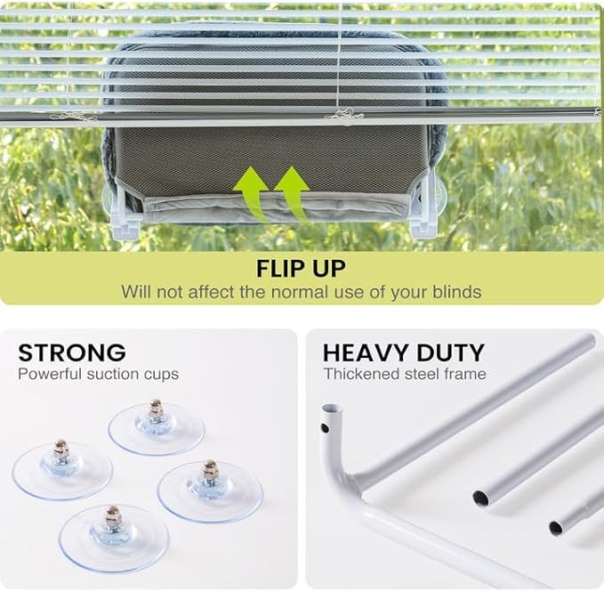 Mewoo Cat Window Perch, Cordless Cat Window Hammock with 4 Strong Suction Cups, Embeded Cat Hammock for Window, Steel Frame and Removable Soft Cover (Dark Grey, Medium)