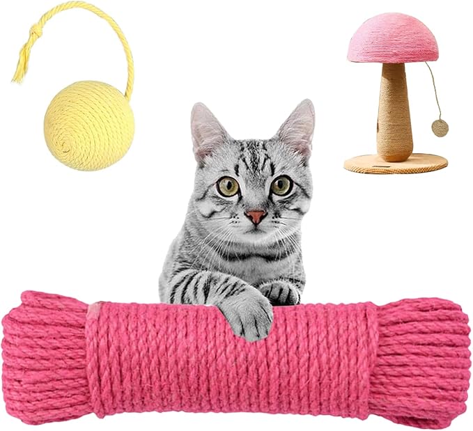 Multicolor Natural Hemp Rope, Cat Scratching Posts Replacement Rope,Repair and Replace Scratching Post cat Tree, 1/4" Rope Cat Scratch Post DIY Jute Twine,Come with a Play Ball.(164FT, Pink)