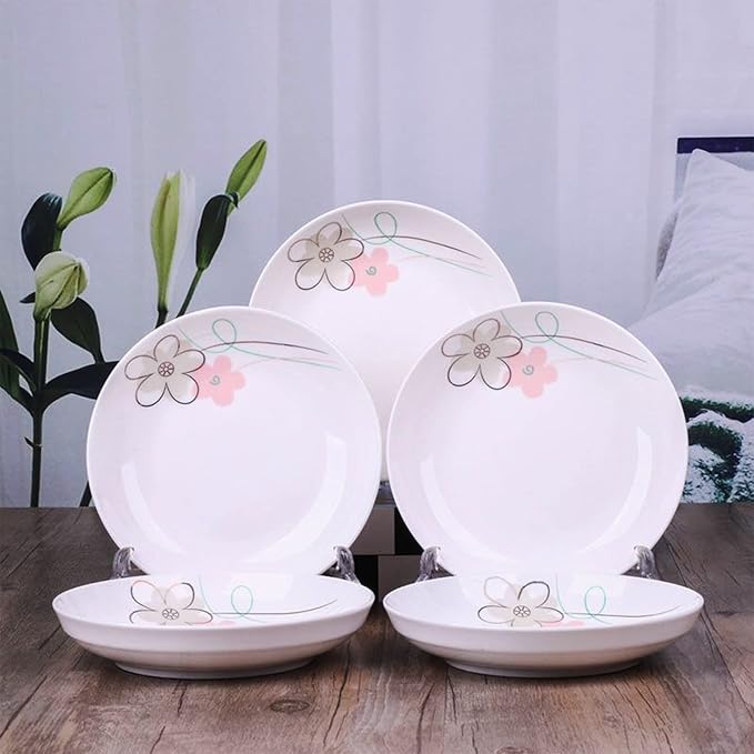 5 Pack Porcelain Plates with Pink Flower Pattern, 7 inch Large Dessert Salad Ceramic Dinner Plates, Porcelain Dessert Dishes for Steak, Pasta, Pizza, Appetizer ( Dishwasher Safe & Microwave Safe)