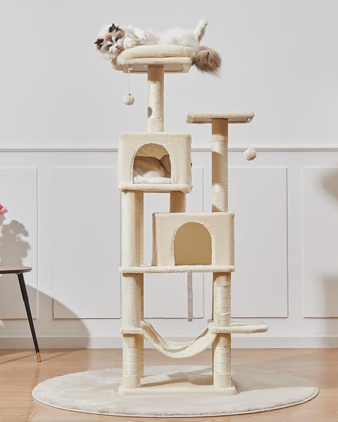 Taoqimiao Cat Tree, 61-Inch Cat Tower for Indoor Cats, Plush Multi-Level Cat Condo with 5 Scratching Posts, 2 Perches, 2 Caves, Hammock, 2 Pompoms, Beige MS013SM