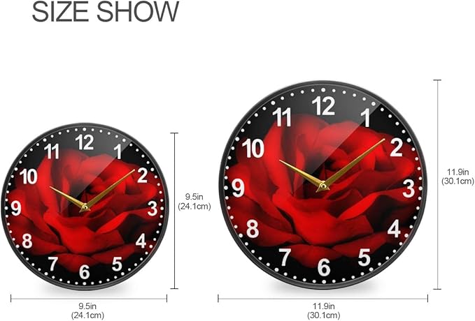 ALAZA Red Rose Flower Black Wall Clock Battery Operated Silent Non Ticking Clocks for Living Room Decor 12 Inch / 9.5 Inch
