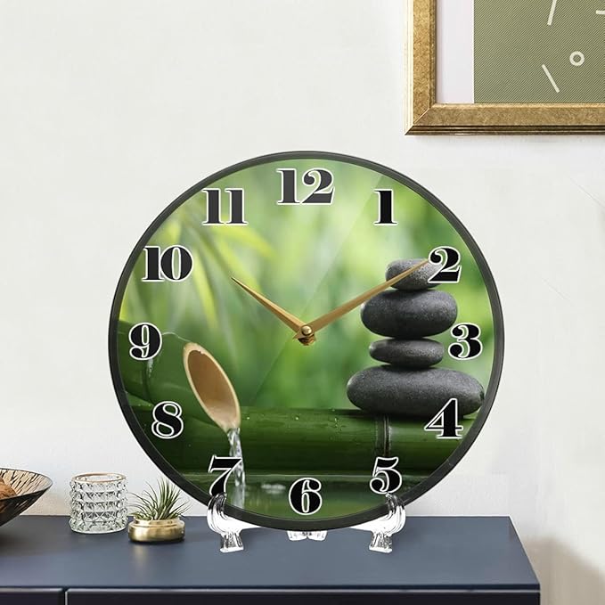 ALAZA Zen Stone Bamboo Wall Clock Battery Operated Silent Non Ticking Clocks for Living Room Decor 12 Inch / 9.5 Inch