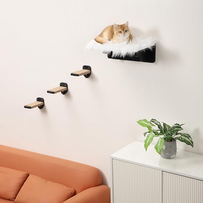 Cat Wall Shelves, Cat Shelves and Perches for Wall, Cat Wall Furniture, Cat Wall Mount Climbing Shelf with 3 Steps Scratch Post, Cat Bed Hammock with Plush Covered for Indoor Cats (Black)