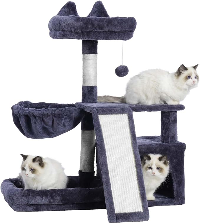 Cat Tree, Cat Tower with condo, Basket, Large Bed, Platform, Scratch Board, Cat Scratching Posts for Indoor Cats, Smoky Gray GCT002SG