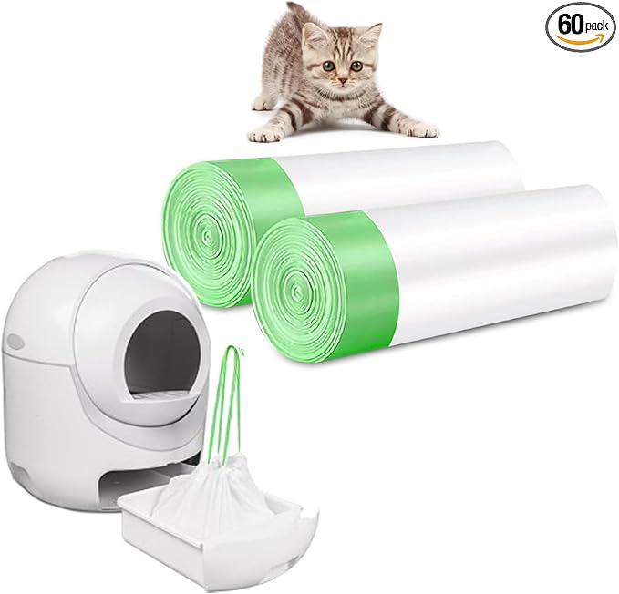 60 Count Cat Litter Bags with Drawstring, Cat Litter Liners Durable Pet Cat Pan Liners Extra eplacement Waste Bags 22" x 12"