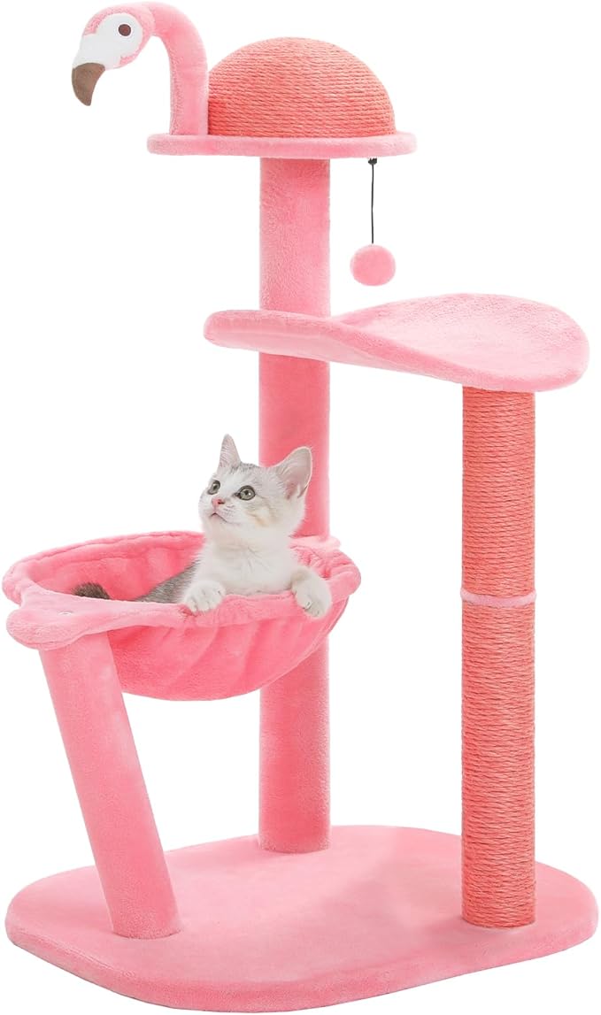 PETEPELA 34.2'' Cat Scracthcing Post, Tall Cat Scratcher with Large Cat Hammock [Dia=30CM], Flamingos Natural Sisal Cat Scratch Post, Pink Small Cat Tree Tower for Indoor Cats&Kittens