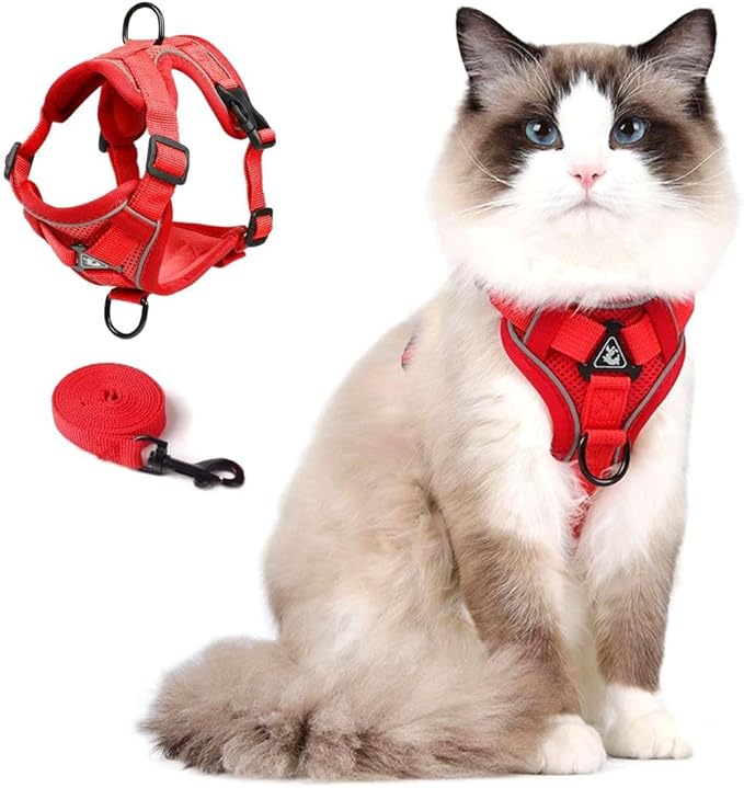 Cat Harness and Leash Set, Upgraded Escape Proof Adjustable Kitten Vest with Lead for Small Cat Outdoor Walking, Soft Breathable Mesh Jacket with Reflective Strips for Dark Night (S, Fresh Red)