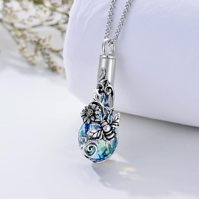 Animal Crystal Urn Necklace For Ashes Sterling Silver Butterfly Dragonfly Bee Phoenix Peacock Hummingbird Fox Angel Wing Pentagram Pentacle Cremation Necklace Heart Teardrop Urn Holder Necklaces For Women Memorial Jewelry