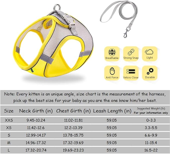 Cat Harness and Leash Set Soft Adjustable Escape Proof Cat Leash Breathable Comfortable Vest Easy to Wear Kitten/Small Dogs Harness for Outdoor Walking Yellow S