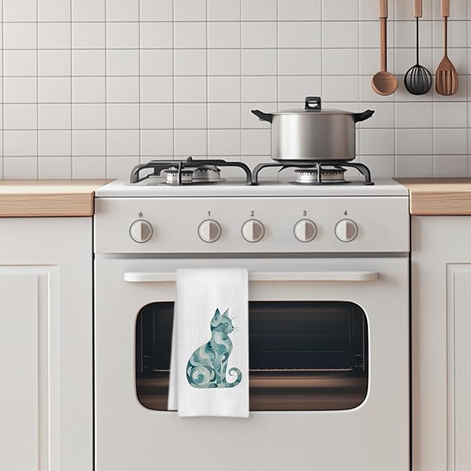 Abstract Blue Swirl Cat Kitchen Towel, Kitten Hand Towel Dish Towel, Pet Gifts for Women Mom Lady Girls, Cat Bathroom Kitchen Decor, 16x24 Inch