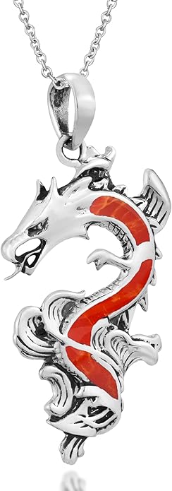 AeraVida Legendary Chinese Dragon Charm Stone Inlaid Accent .925 Sterling Silver Pendant on 18-inch Chain Necklace | Dragon Jewelry Necklace Accessory for Men Women Unisex