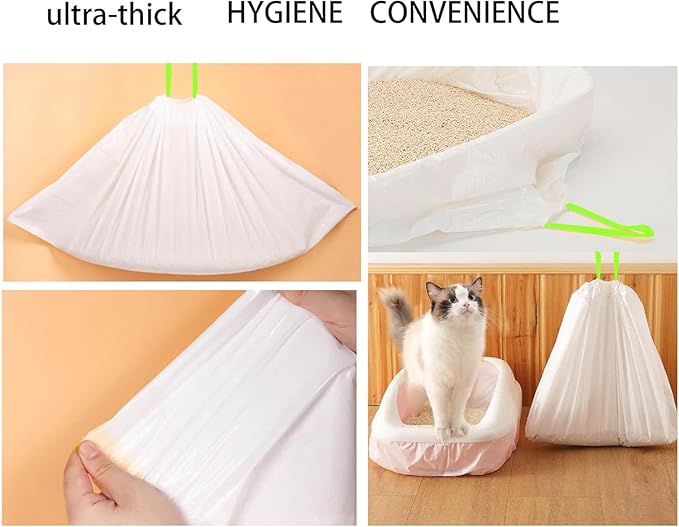 40 Count Cat Drawstring Litter Box Liners 26.6x16.7 inches 2Mils Super Thick White Cat Litter Waste Bags Poop Bags for Self-Cleaning Litter Box Cat Litter Pan Trays(Green Drawstring 40 count)