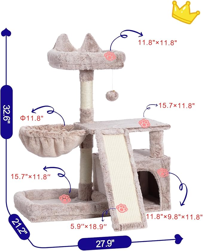 Cat Tree, Cat Tower with condo, Basket, Large Bed, Platform, Scratch Board, Cat Scratching Posts for Indoor Cats, Muchroom GCT002SMU