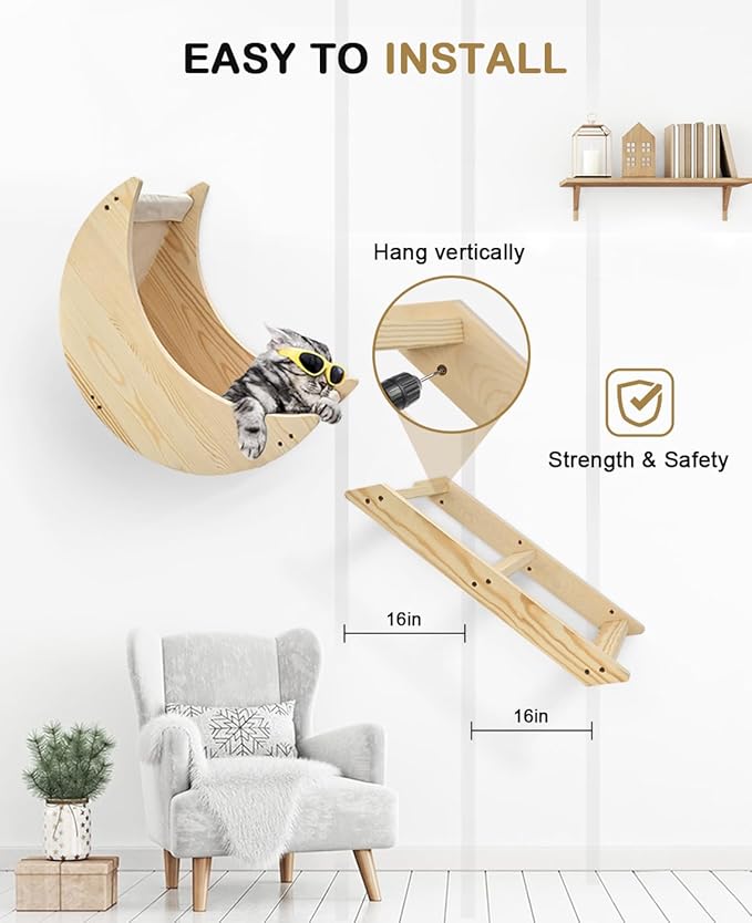 Cat Wall Shelves, Cat Shelves for Wall with Step, Wall Mounted Cat Furniture, Cat Wall Furniture for Climbing, Sleeping and Playing, Cat Wall Steps for Indoor Cats or Kitty