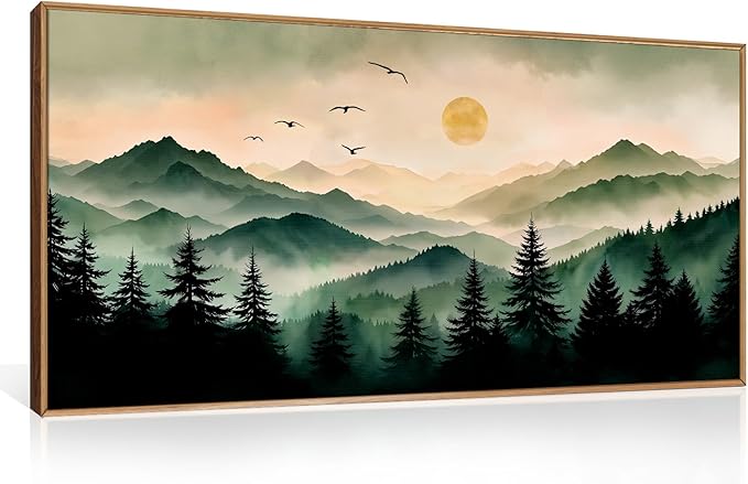Ausril Misty Forest Framed Canvas Wall Art Set, Boho Mountain Landscape Wall Decor, Pine Tree Wall Painting, Nature Sunrise Art Prints for Living Room, Bedroom, Dining Room, Office - Large 20"x40"x1