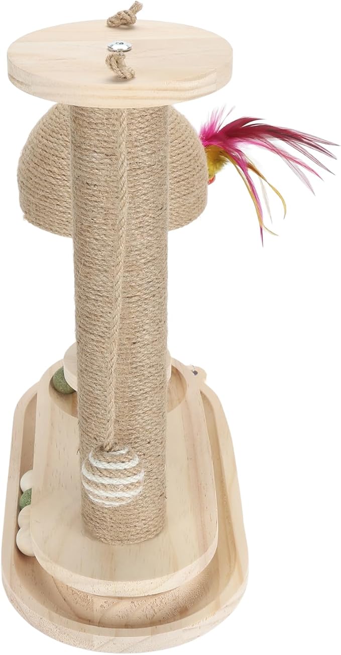 Cat Toy Cat Scratching Post 2 Layer Ball Track Kitten Scratcher Cat Toy, Sturdy Pine Hemp Cat Scratch Post Interactive Toy with Wood Ball, Suction Cup Base Cat Scratcher Toy