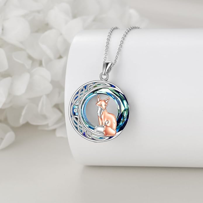 925 Sterling Silver Celtic Crescent Moon Animal Necklace for Women Fox/Black Cat/Hummingbird Crystal/Abalone Shell Pendant Jewelry Gift for Mom Daughter