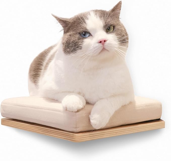 Cat Shelves Wall Mounted Cat Step with Cushion Wooden Cat Climbing Shelf Cat Wall Furniture for Sleeping and Playing 11.8"x10.2", Support to 40 LBS(Walnut)