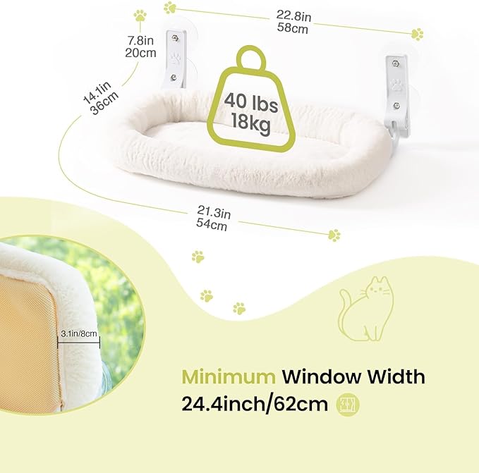 Mewoo Cat Window Perch, Cordless Cat Window Hammock with 4 Strong Suction Cups, Embeded Cat Hammock for Window, Steel Frame and Removable Soft Cover (Off White, Medium)