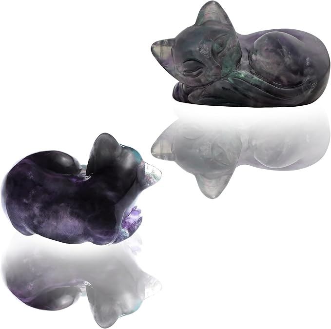2" Sleeping Cat Statue Rainbow Fluorite Healing Crystals Hand Carved Cute Kitten Figurine, Worry Stone for Anxiety Relif Home Desk Decor Animal Figurine