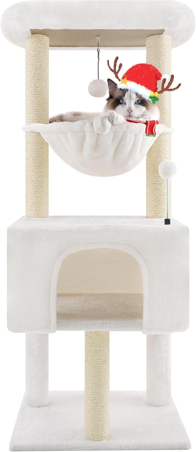 Fashion Design 43.3" Cat Trees with Cat Houses Spring Balls,Beige