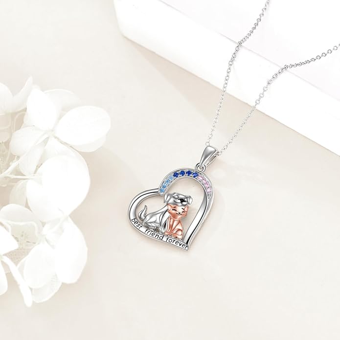CRMAD Cat Dog Necklace for Women Sterling Silver Cute Animal Heart Pendant