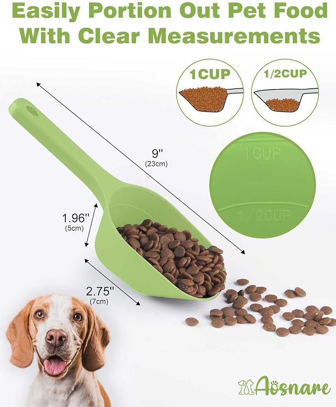 3PCS Dog Food Scoop, 1 Cup Plastic Pet Food Scoop with Measuring Lines 1/2 Cup and 1 Cup for Dogs, Cats, Birds and Rabbits (Green,Black and White)