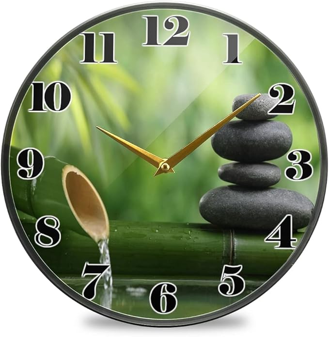 ALAZA Zen Stone Bamboo Wall Clock Battery Operated Silent Non Ticking Clocks for Living Room Decor 12 Inch / 9.5 Inch