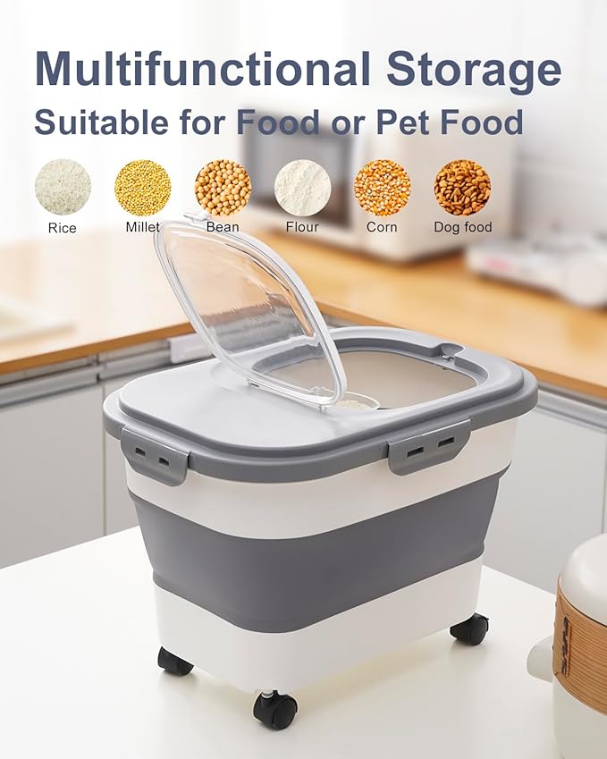20-30 Lbs Rice Storage Container,Collapsible Food Storage Containers with Rolling Wheel Airtight Locking Lid,Flour Storage Container with Cup and Scoop,Suitable for Food,Rice,Pet Food,Flour