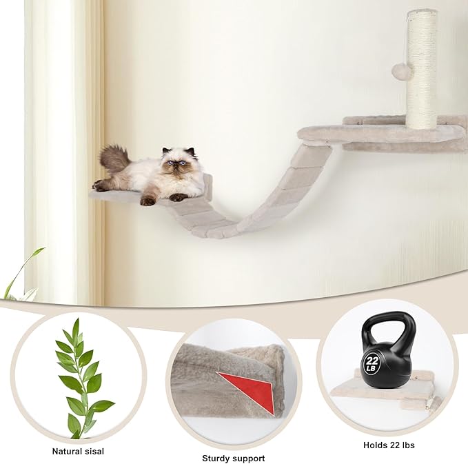 Cat Wall Shelves - 7 Pcs Luxury Wall-Mounted Cat Furniture Set, Including 2 Cat Wall Shelves, 2 Solid Wood Steps, 1 Cat Bridge Ladder, 1 Sisal Cat Scratcher Post, 1 Hanging Ball for Large Cats