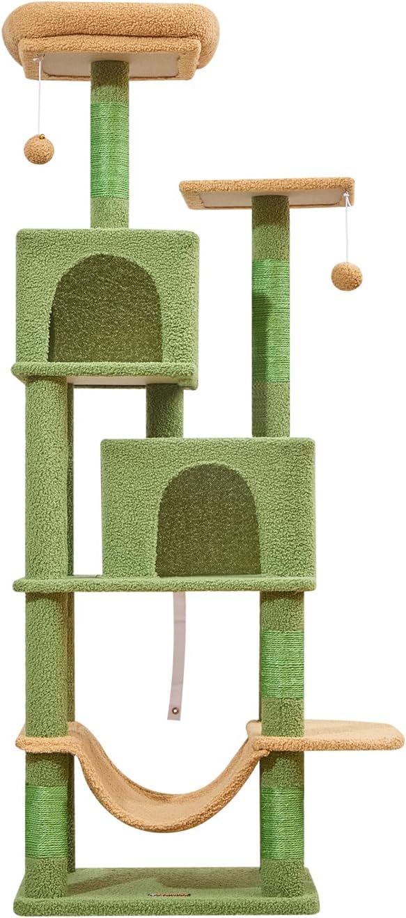 Taoqimiao Cat Tree, 61-Inch Cat Tower for Indoor Cats, Plush Multi-Level Cat Condo with 5 Scratching Posts, 2 Perches, 2 Caves, Hammock, 2 Pompoms, MS013ST Cactus