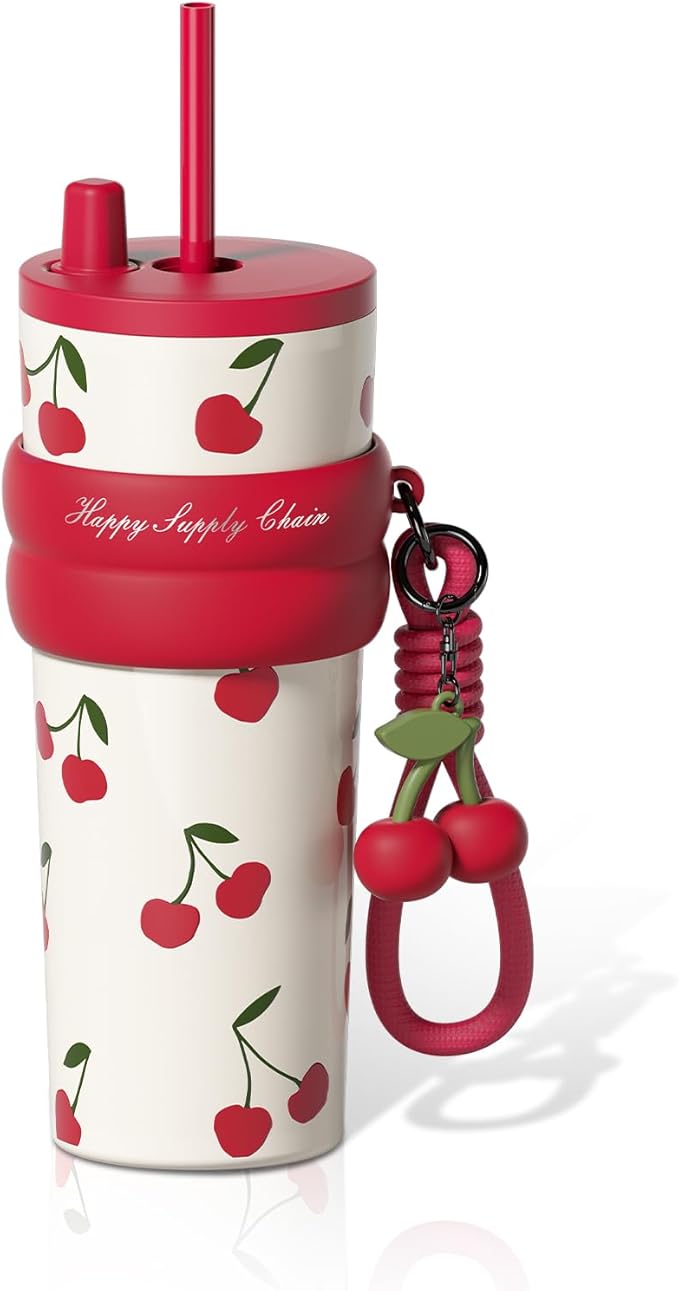 24 OZ Stainless Steel Tumbler with Lid and Straw, Sidagar Insulated Water Bottle Leak Proof for Hot and Cold, Portable Iced Travel Coffee Mug, Reusable Thermal Coffee Cup For Women Women, Cherry