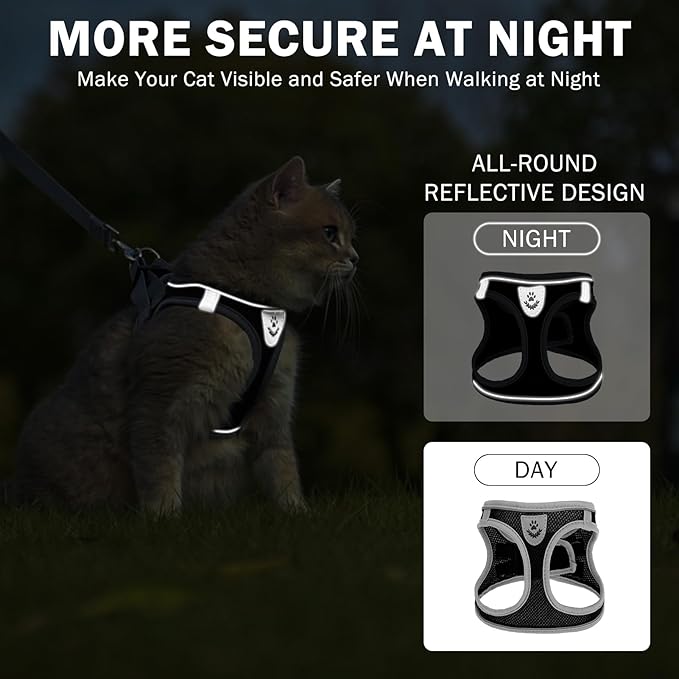 SCENEREAL Cat Harness and Leash Set Escape Proof, Adjustable Soft Air Mesh Kitten Harnesses for Girls Boys Small Medium Big Cats, Reflective Light Travel Pet Walking Vest for Puppy Rabbit, Black L